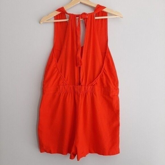 REVAMPED Linen Blend Romper Open Back Red Sz S - Picture 6 of 10